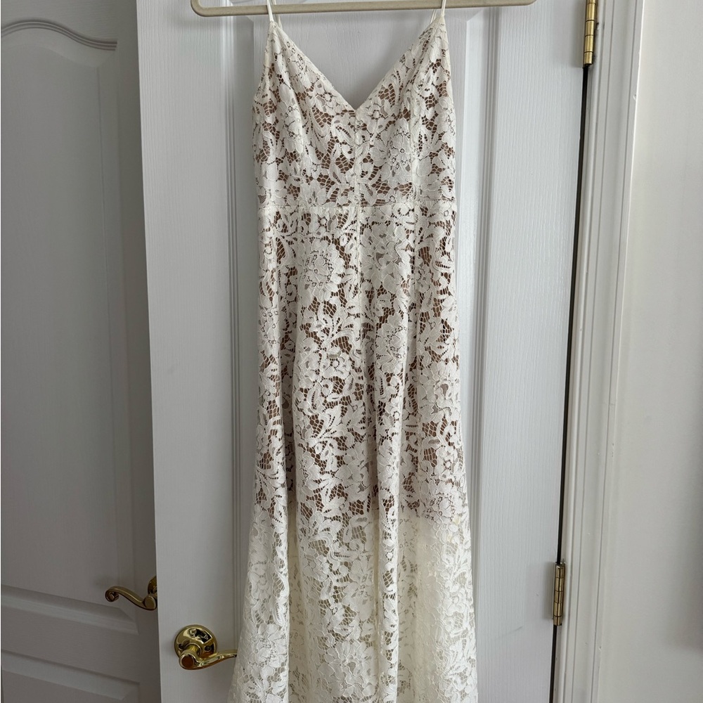 Lulus Beige Slip Dress with White Lace